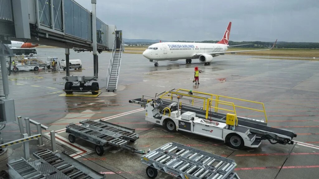 Plane arriving from Istanbul parks at the Basel - Mulhouse Euroairport in Saint Louis, eastern France, on August 4, 2020. (AFP)