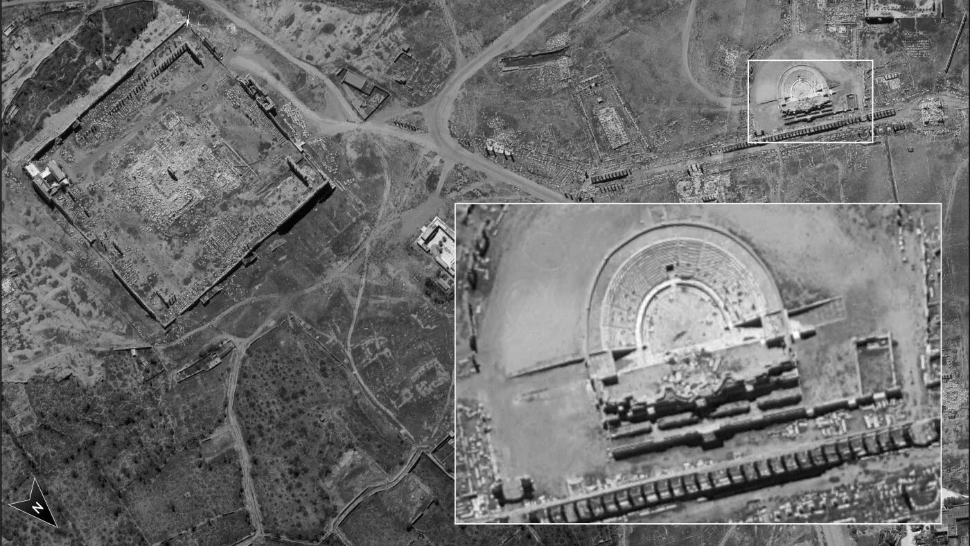 Image satellite non datée publiée par le ministère israélien de la Défense, prise par le nouveau satellite de reconnaissance Ofek (Horizon) 16, montrant le théâtre romain endommagé de la cité antique de Palmyre, dans le centre de la Syrie (AFP)
