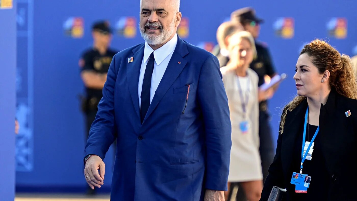 Albania's Prime Minister Edi Rama (L) arrives for the NATO summit at the Ifema congress centre in Madrid, on June 29, 2022 (AFP)