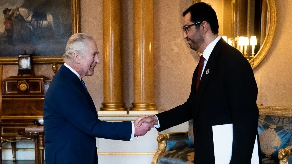Britain's King Charles III receives Dr Sultan Al Jaber, the UAE's minister of industry and advanced technology, during an audience at Buckingham Palace in 2023 (Aaron Chown/AFP)