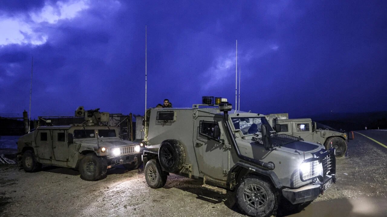 Israeli armoured military vehicles and humvees patrol along the border with Lebanon near the northern kibbutz of Bar'am on 15 March 2023.