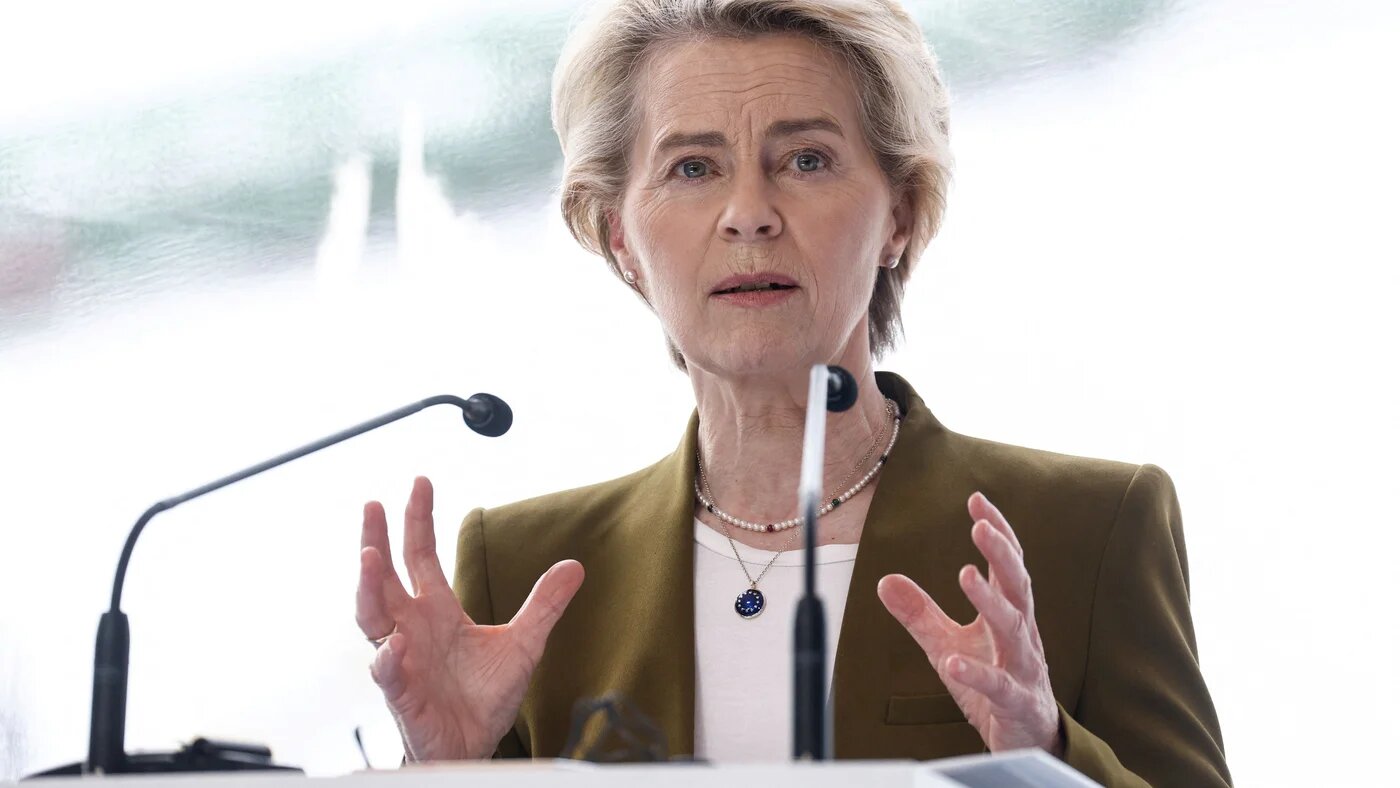 President of the European Commission Ursula von der Leyen speaks during the North Sea summit in Ostend, on April 24, 2023 (AFP)