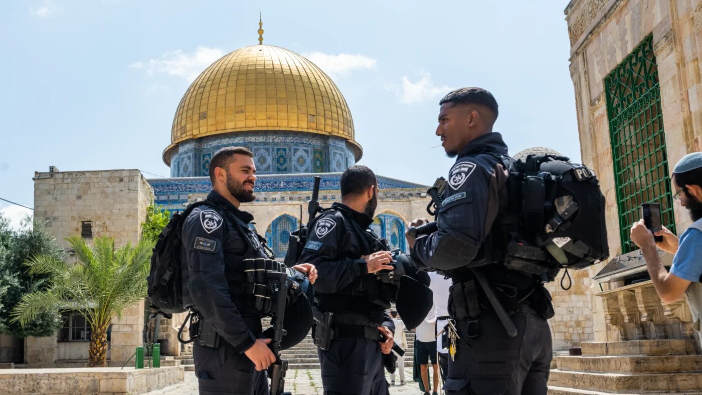 Israeli police keep watch during a raid by ultranationalists into Al-Aqsa Mosque in occupied East Jerusalem on 18 June 2023 (Jewel Samad/AFP)