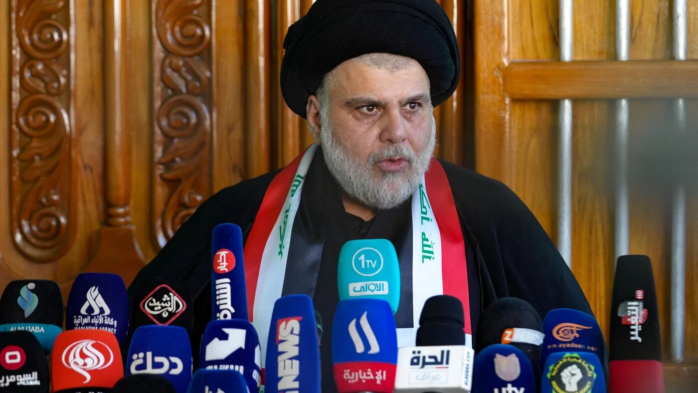 Iraqi cleric Moqtada Sadr gives a press conference at his home in the holy city of Najaf on July 20, 2023 (AFP)