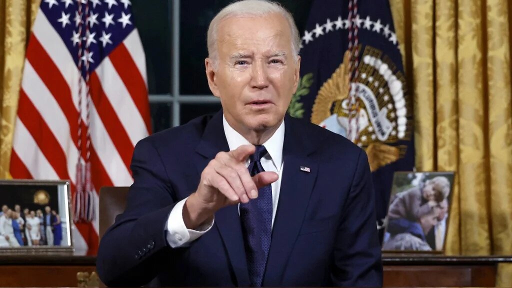 US President Joe Biden addresses the nation on the Israel-Palestine conflict from the Oval Office on 19 October 2023 (AFP)