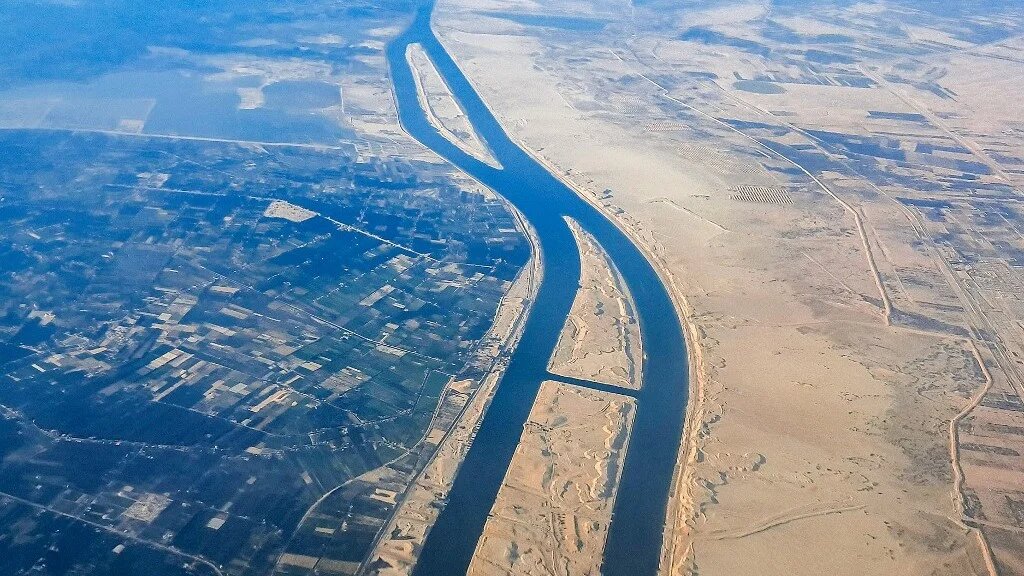 This picture taken on March 23 2024 shows an aerial view of the new extension to the Suez Canal which was inaugurated in 2015 at al-Ferdan, north of Ismailia in northeastern Egypt (AFP)