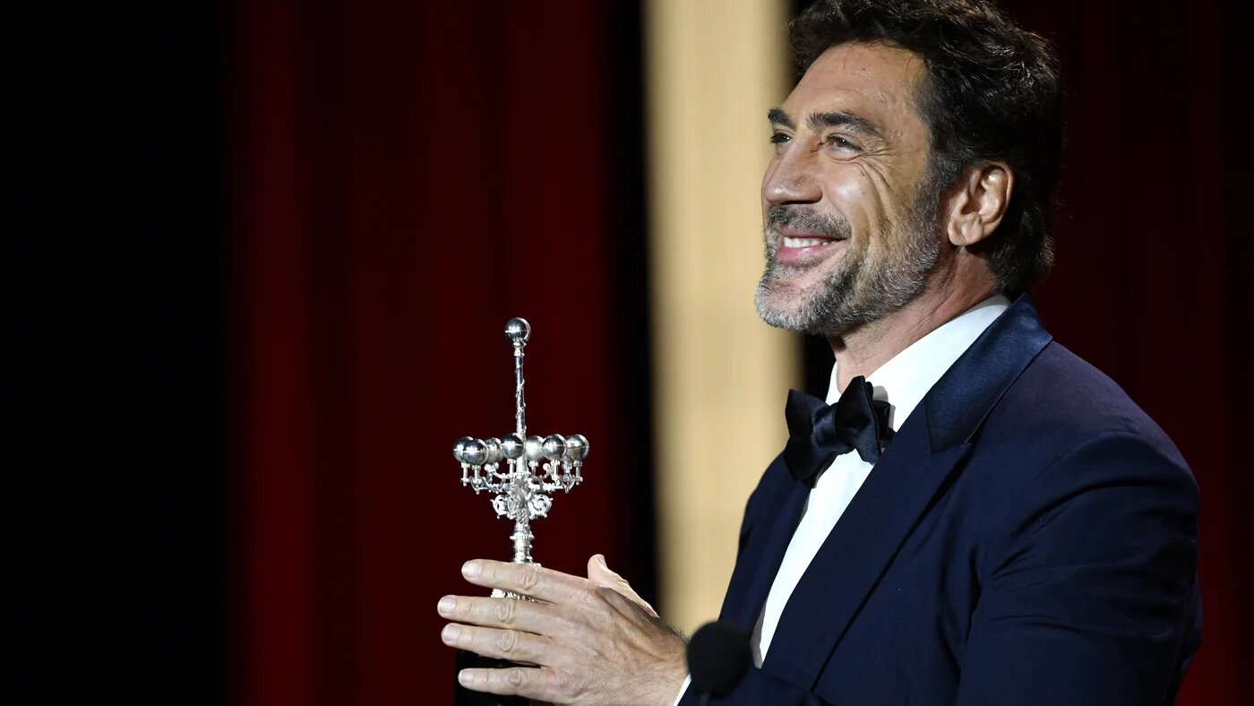 Spanish actor Javier Bardem reacts to receiving the Donostia Lifetime Achievement Award at the 72nd San Sebastian International Film Festival in the northern Basque city of San Sebastian in Spain on 20 September 2024. 