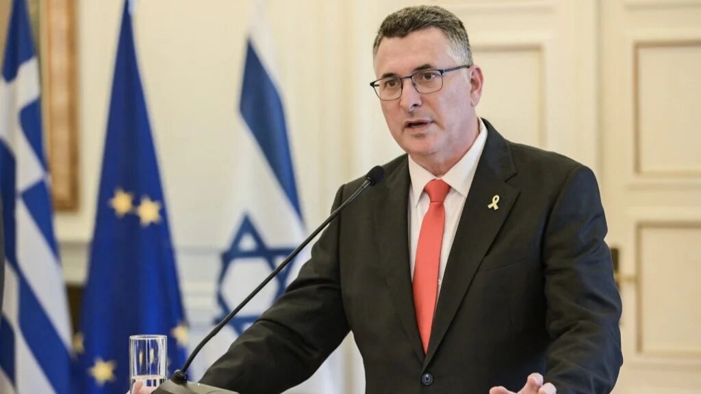 Israel's Minister of Foreign Affairs Gideon Sa'ar speaks during a press conference after a meeting with his Greek and Cypriot counterparts in Athens on March 13, 2025.