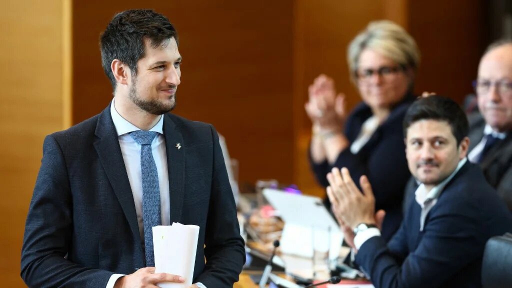 Walloon Minister President Adrien Dolimont after delivering a speech on the State of Wallonia during a plenary session of the Walloon parliament, in Namur, on 16 April 2025 (AFP)