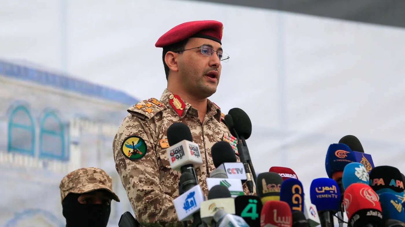 Military spokesman of Yemen's Houthi group Yahya Saree addresses a Palestine solidarity rally in the capital Sanaa on 2 May 2025 (Mohammed Huwais/AFP)