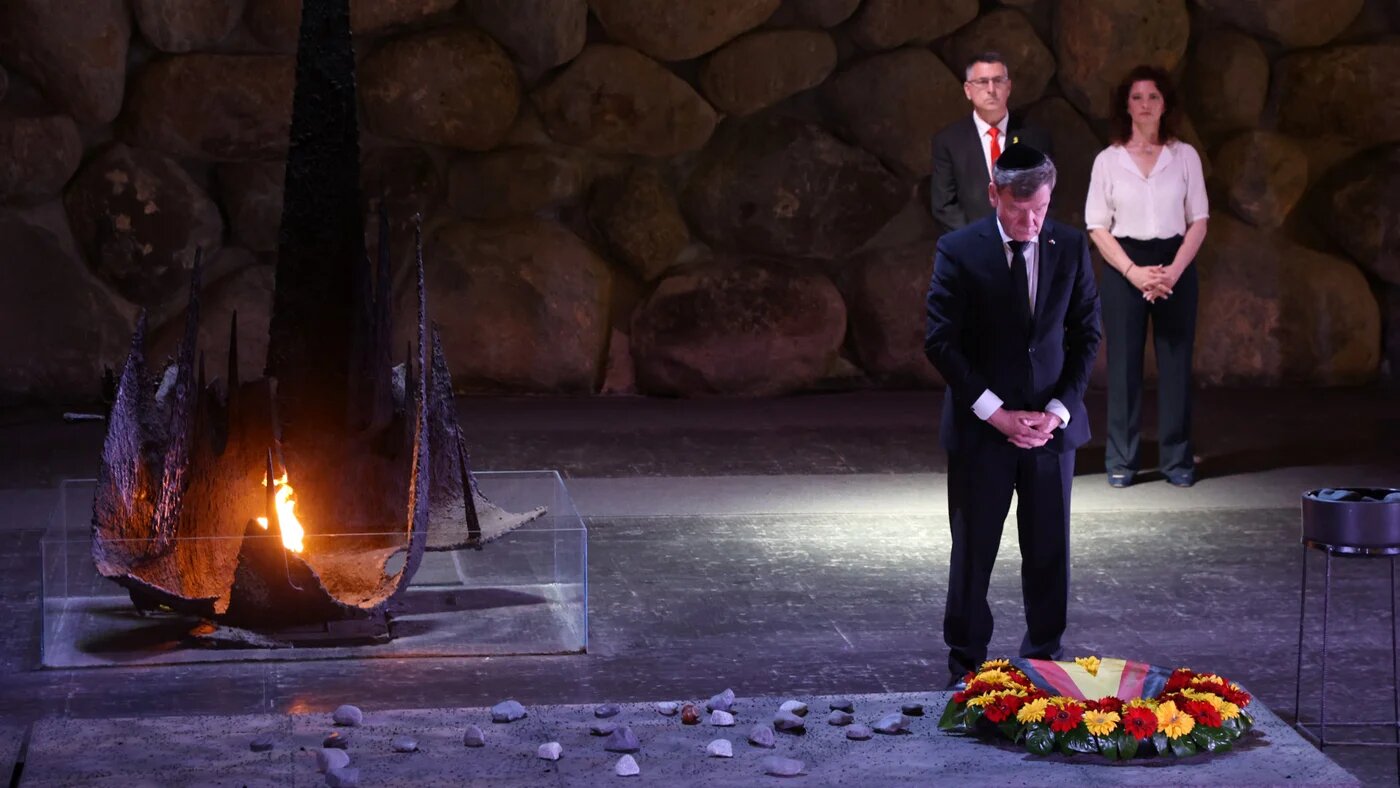 German Foreign Minister Johann Wadephul visits Yad Vashem, built atop the depopulated Palestinian village of Ein Karem, in Jerusalem on 11 May 2025 during his visit to Israel (Gil Cohen-Magen/AFP) 