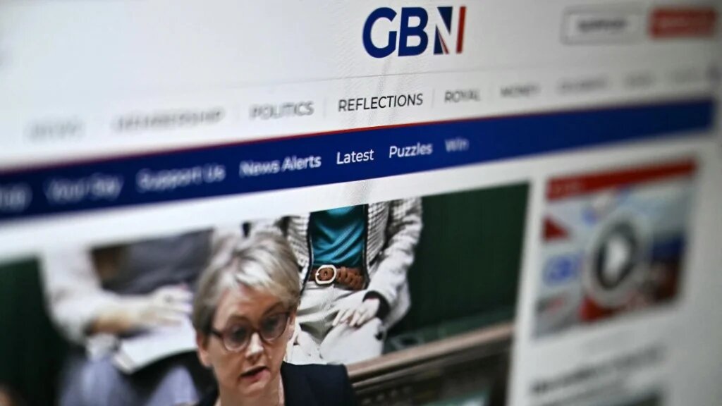 A photograph taken on 16 June shows the logo of British opinion-oriented television and radio news channel GB News logo on its website (AFP)