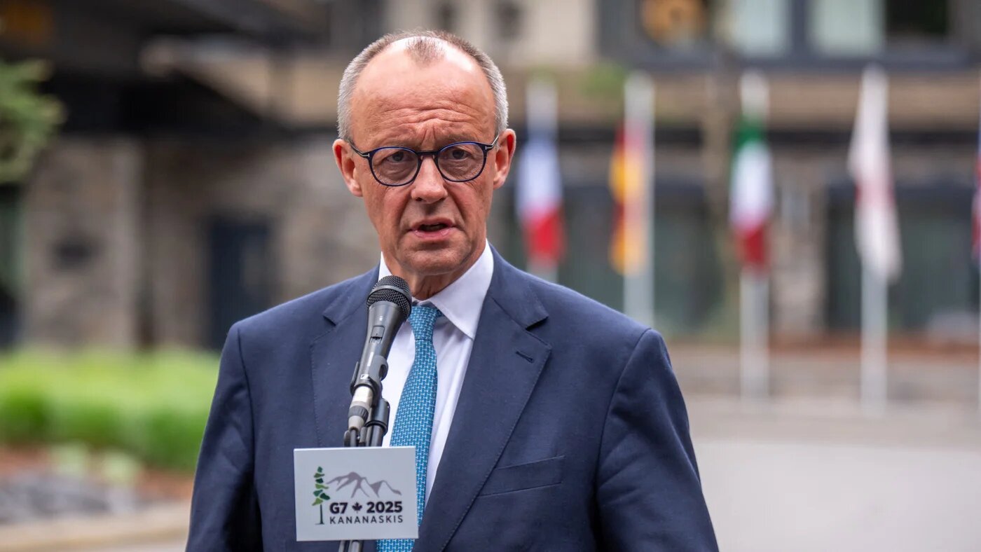 German Chancellor Friedrich Merz gives a statement at the end of the G7 summit at the Pomeroy Kananaskis Mountain Lodge in Alberta, Canada, on 17 June 2025 (Michael Kappeler/Pool/AFP)