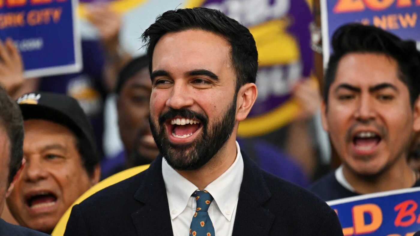 Zohran Mamdani, Democratic candidate for New York mayor, speaks at a press conference with labour union leaders celebrating his primary victory over Andrew Cuomo, New York, 2 July 2025 (Angela Weiss/AFP)