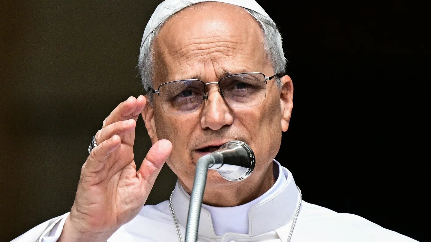Pope Leo XIV addresses the crowd for the Angelus prayer in Piazza della Liberta in the summer papal estate in Castel Gandolfo, Italy on July 13, 2025. (AFP)