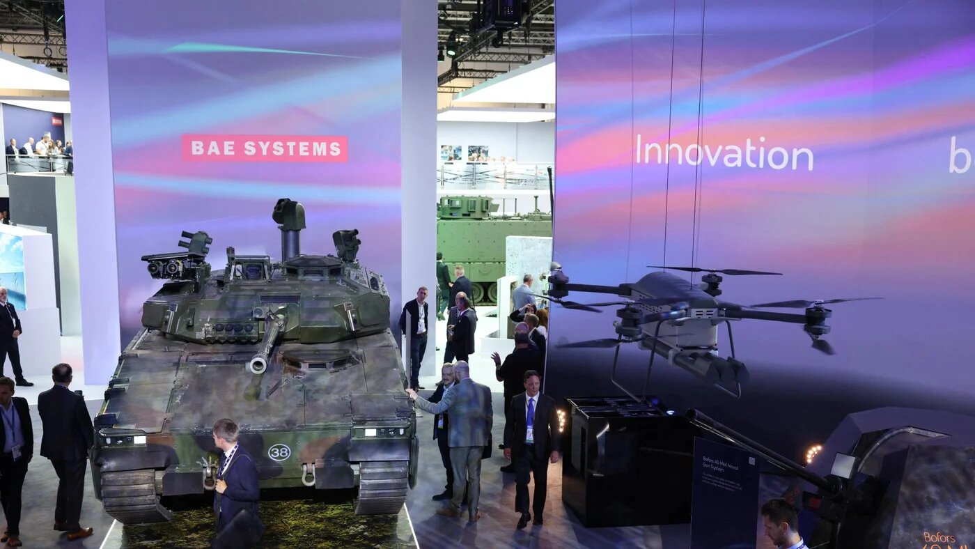 BAE Systems' stand at the Defence and Security Equipment International (DSEI) fair at the ExCeL centre, in east London, on 9 September 2025 (Adrian Dennis/AFP)