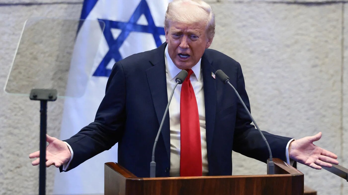 US President Donald Trump addresses Israel’s parliament in Jerusalem on 13 October 2025, during a lightning visit ahead of a summit in Egypt on Gaza (Evelyn Hockstein/AFP)