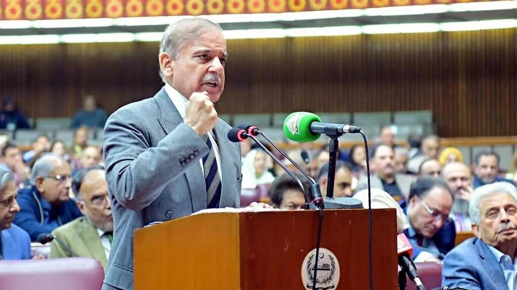 Pakistan's Prime Minister Shehbaz Sharif addresses parliament session on constitutional amendment granting lifetime immunity to the president and current army chief Asim Munir, in Islamabad.