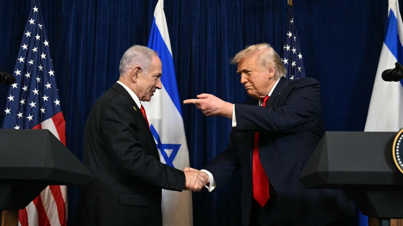 US President Donald Trump and Israeli Prime Minister Benjamin Netanyahu arrive to speak to journalists during a joint press conference at Trump’s Mar-a-Lago residence in Palm Beach, Florida, on 29 December 2025 (Jim Watson/AFP)