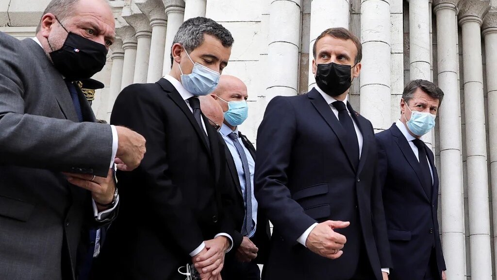 French Justice Minister Eric Dupond-Moretti, French Interior Minister Gerald Darmanin, French President Emmanuel Macron and Nice Mayor Christian Estrosi 
