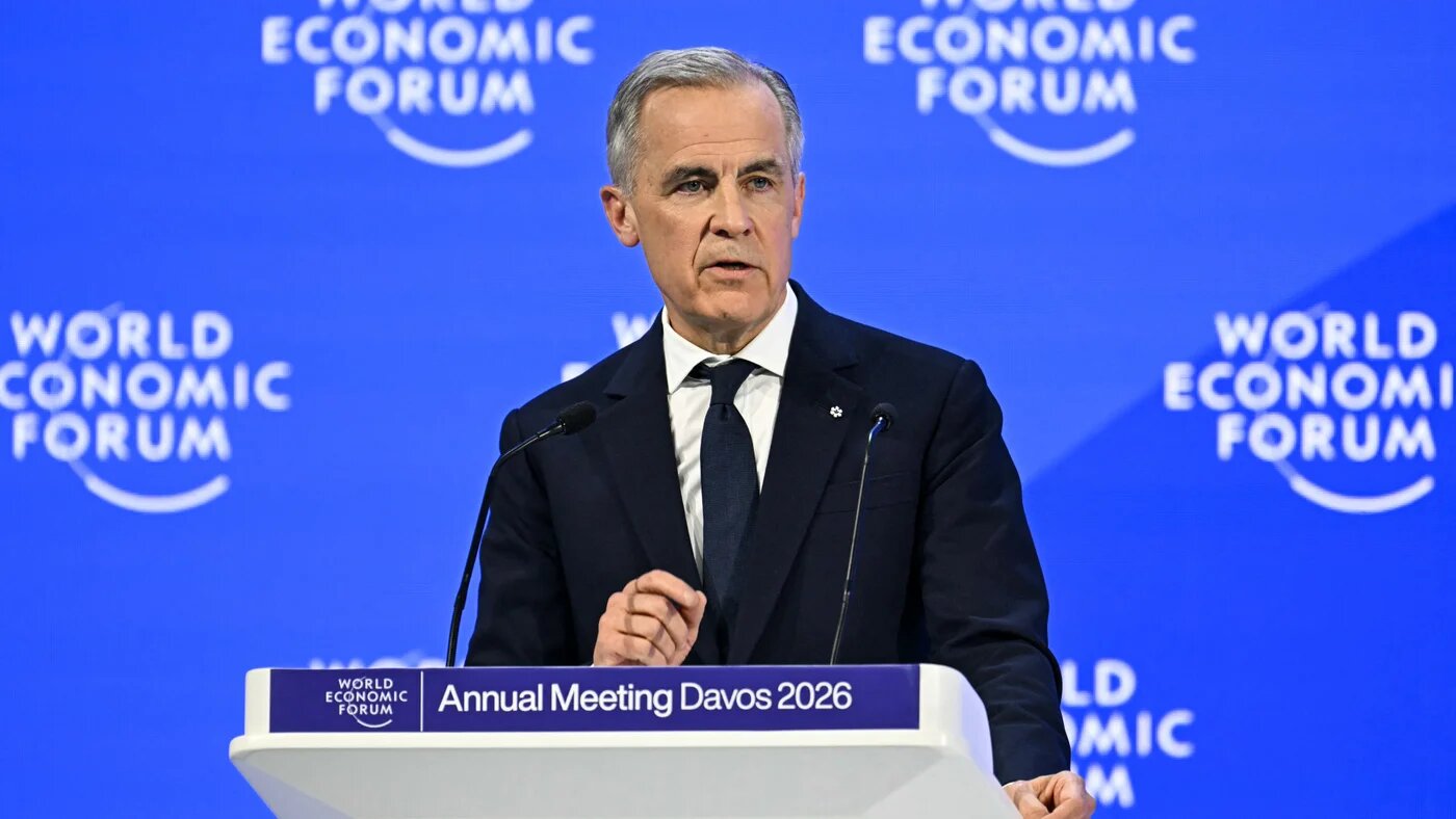 Canada’s Prime Minister Mark Carney speaks at the World Economic Forum annual meeting in Davos on 20 January 2026 (AFP/Fabrice Coffrini)