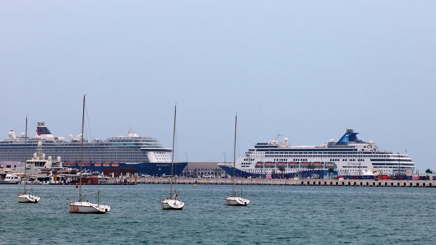 Cruise ships are seen anchored at the old port of Doha on March 4, 2026.