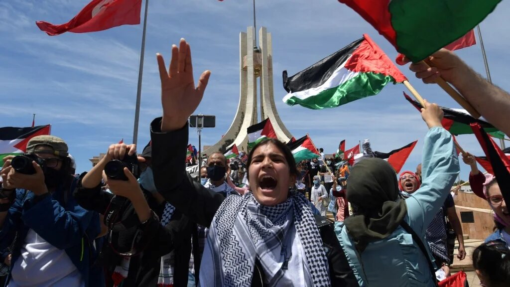 Parmi les slogans des protestataires, le 15 mai à Tunis : « Tunisiens et Tunisiennes soutiennent la Palestine » et « Le peuple veut criminaliser la normalisation avec Israël » (AFP)