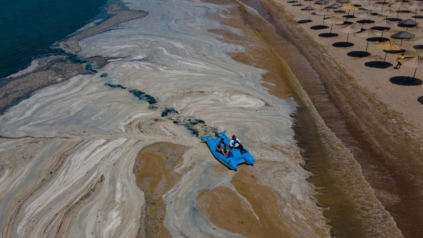 Un pédalo s’engage sur du mucilage marin sur la mer de Marmara dans le district de Darica (province de Kocaeli) en Turquie, le 12 juin 2021 (AFP)
