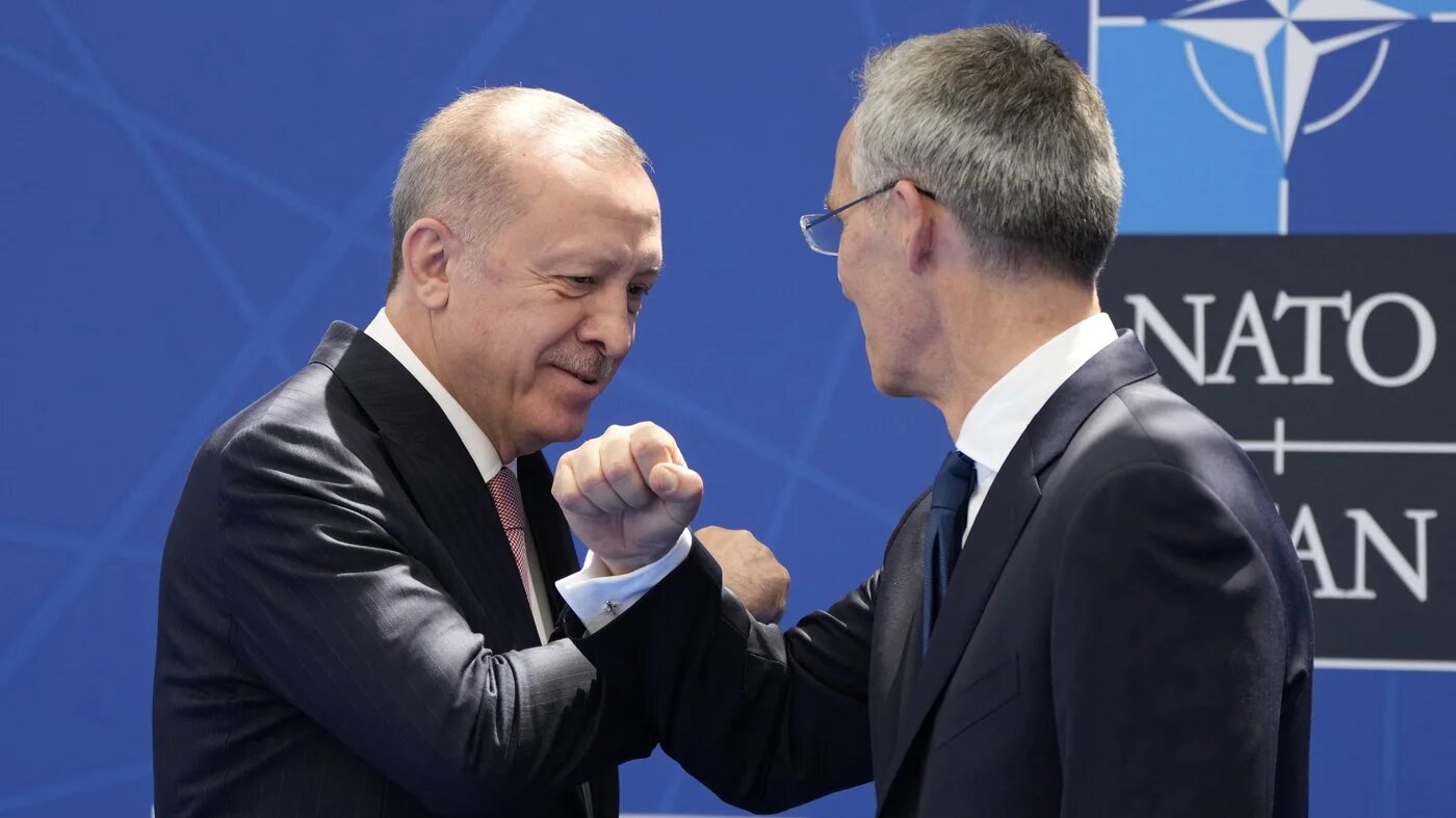 Jens Stoltenberg (R) greets Recep Tayyip Erdogan