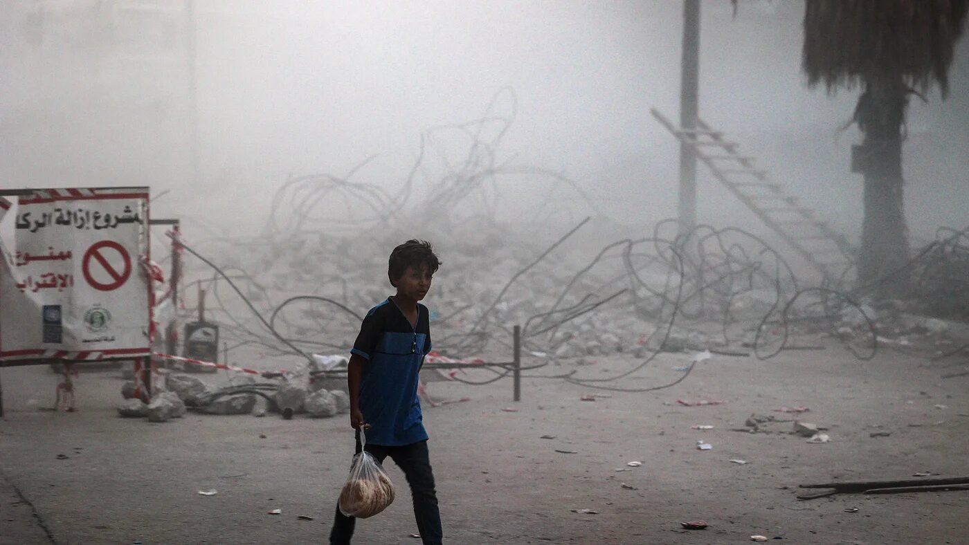 The rubble of Al-Jawhara Tower in Gaza City