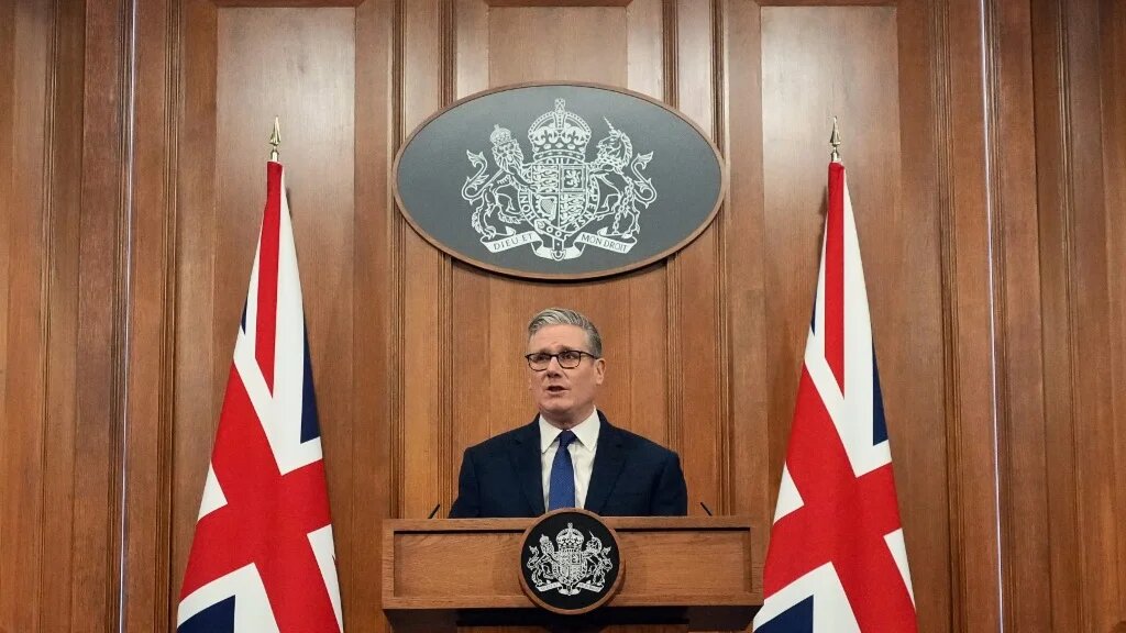 British Prime Minister Keir Starmer speaks during a press conference to update on the latest situation in the Middle East and how the government is supporting families at home at 10 Downing Street in London, on April 1, 2026.