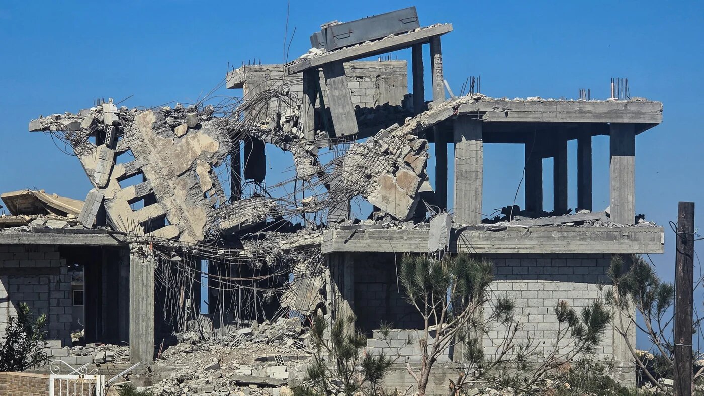 The remains of a home under construction is destroyed by the Israeli army in the southern Lebanese village of Beit Lif, in the Bint Jbeil district on 22 April 2026 (AFP/Kawnat Haju)