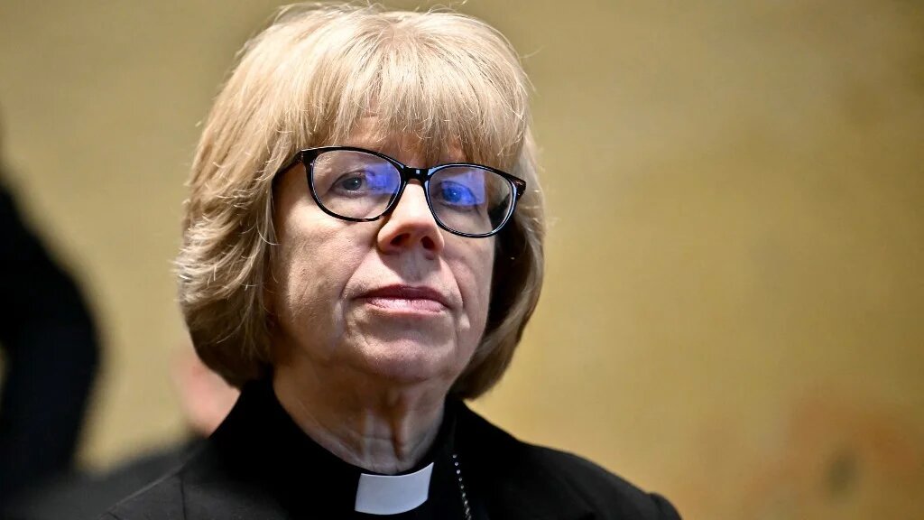 Sarah Mullally, Archbishop of Canterbury, looks on as she visits Nafuma Refugee Centre in central Rome on April 28, 2026.