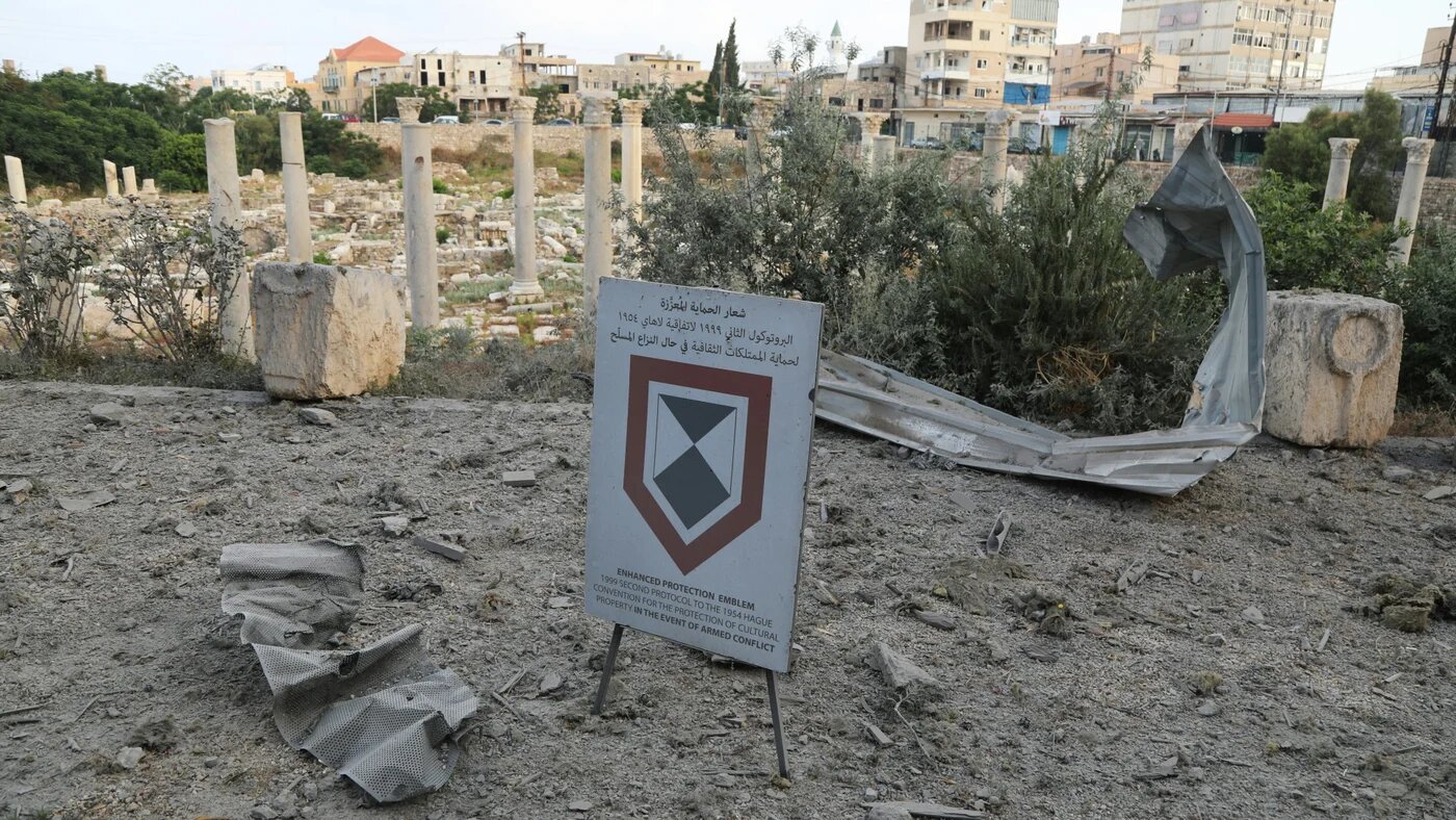 Debris covers ancient stone pillar bases near the archaeological site of the Roman Baths in Tyre, south Lebanon, a day after Israeli air strikes on the city, 8 June 2026 (AFP/Kawnat Haju)