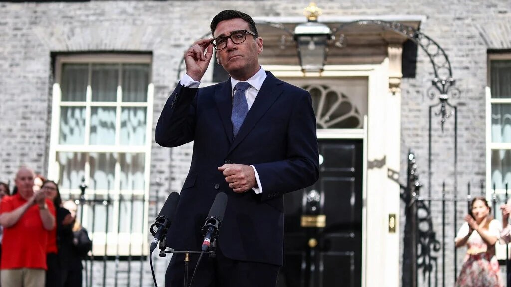 Britain's new Prime Minister Andy Burnham gives his first speech in front of 10 Downing Street in central London on July 20, 2026, after being asked by the king to form the next government.