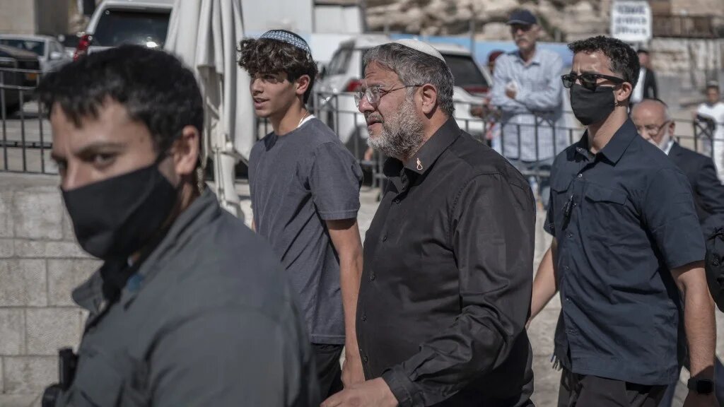 Israel's National Security Minister Itamar Ben Gvir (C) storms Al-Aqsa Mosque in occupied East Jerusalem on 23 July 2026 (Ilia Yefimovich/AFP)
