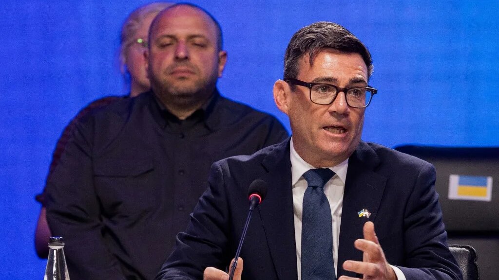Britain's Prime Minister Andy Burnham speaks during the Coalition of the Willing meeting, in Kyiv on August 24, 2026.