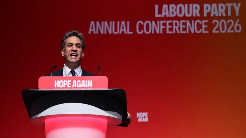 Britain's Foreign Secretary Ed Miliband speaks on stage on the first day of the annual Labour Party conference in Liverpool, north-west England, on September 27, 2026. 