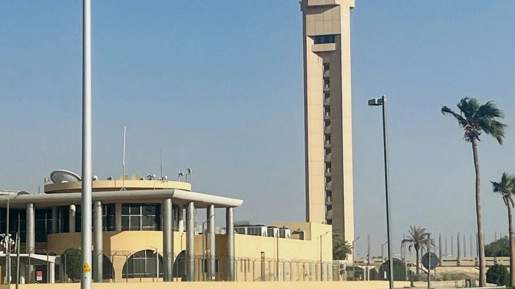 An air traffic control tower is seen at King Khalid International Airport in Riyadh on September 19, 2026. 