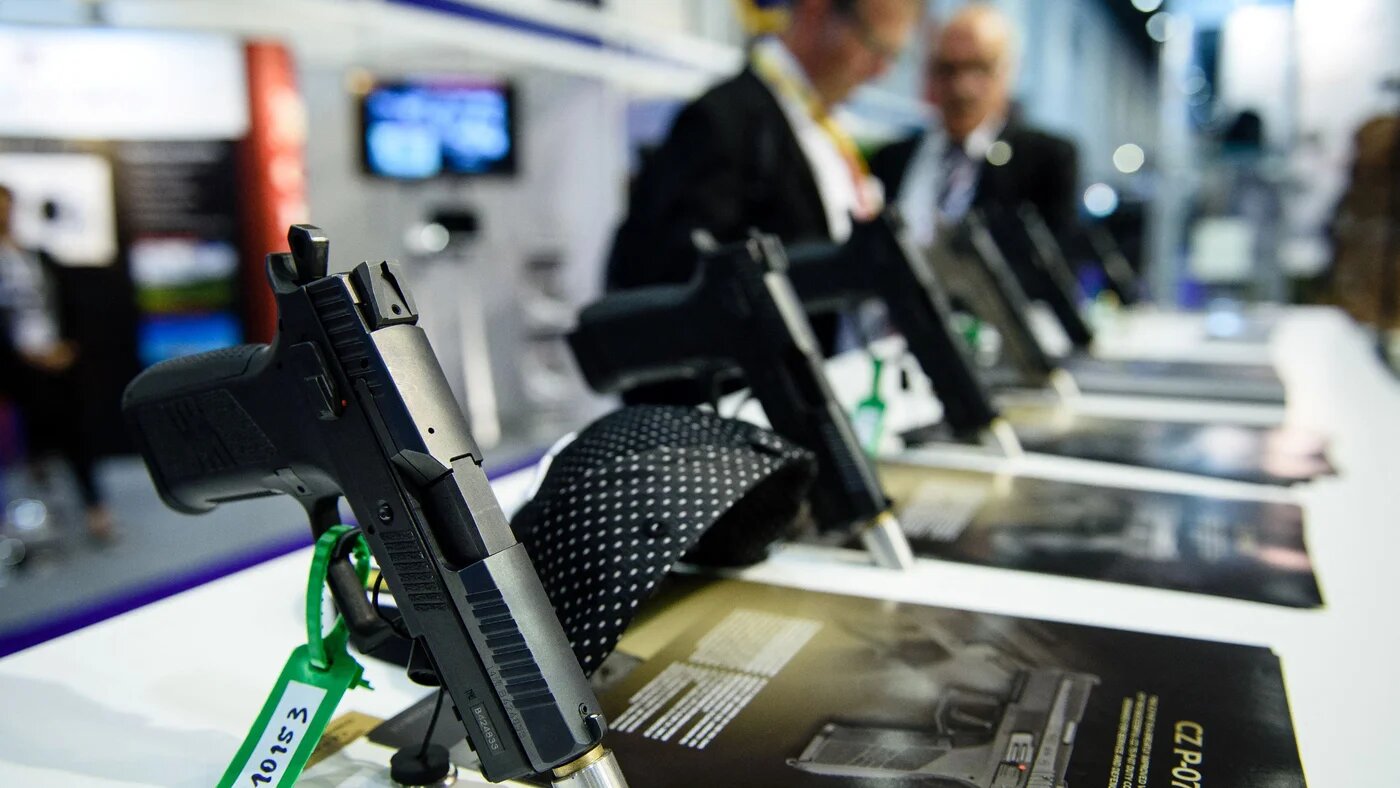 Handguns on display inside the ExCeL centre in London in September 2015 during the Defence and Security Equipment International (DSEI) exhibition