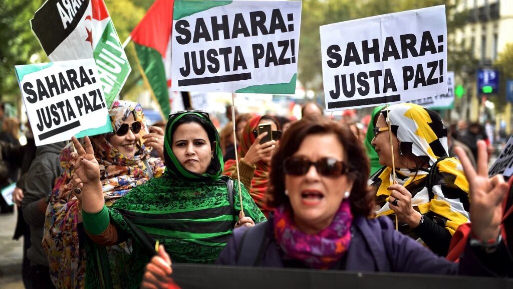 Des militants pour l’indépendance du Sahara occidental agitent des drapeaux et des banderoles lors d’une manifestation à Madrid en 2016 (AFP/Gérard Julien)