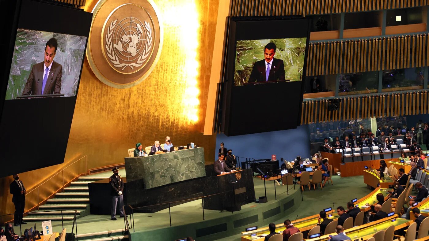 Emir of Qatar Sheikh Tamim bin Hamad Al-Thani speaks at the 77th session of the United Nations General Assembly (UNGA) at U.N. headquarters on September 20, 2022 in New York City (AFP)
