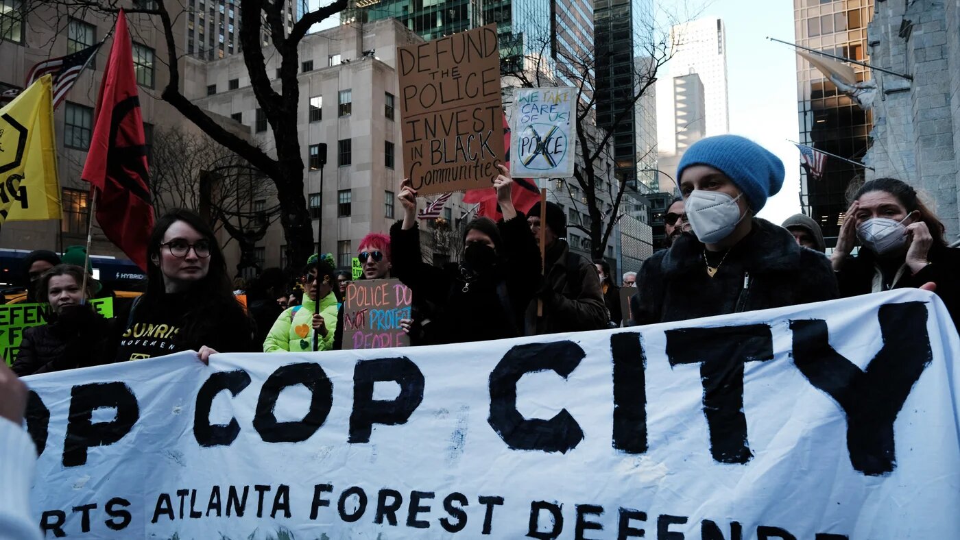 Activists demonstrate in New York City against Cop City, a police training facility near Atlanta, Georgia, that opened in 2025 despite years of protests, on 9 March 2023 (Spencer Platt/Getty Images via AFP)