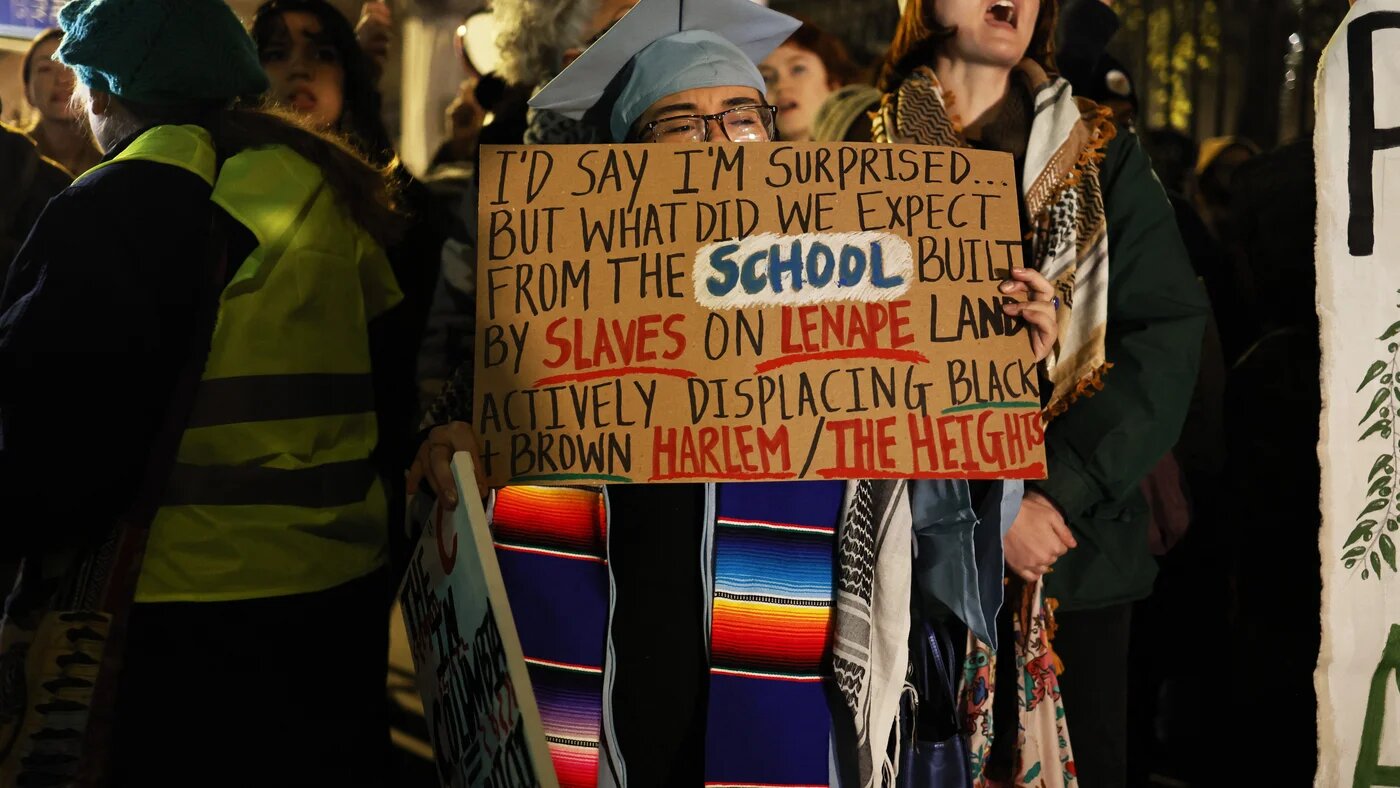 People gather to protest the banning of Students for Justice in Palestine and Jewish Voice for Peace at Columbia University on 20 November 2023 in New York City (Michael M Santiago/Getty via AFP)