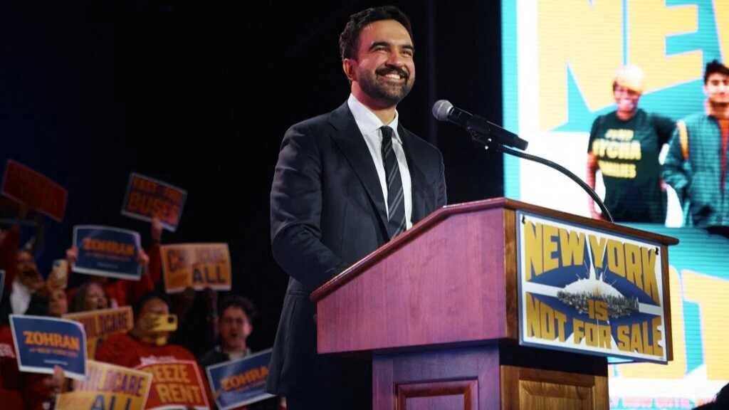 New York Mayoral Candidate Zohran Mamdani speaks during an election rally with Sen. Bernie Sanders (I-VT) and U.S. Rep. Alexandria Ocasio-Cortez (D-NY) at Forest Hills Stadium on October 26, 2025 in the Queens borough of New York City. (AFP)