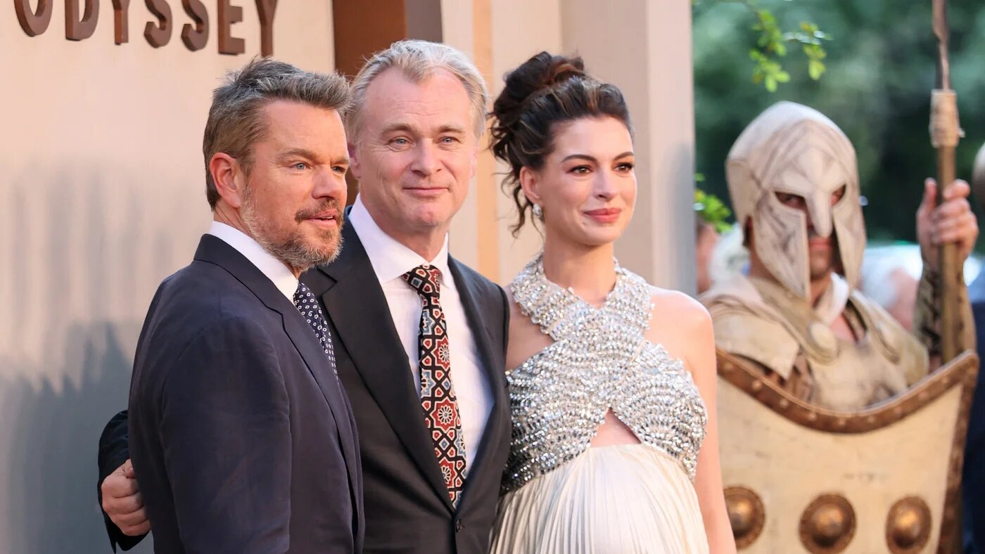 Matt Damon, Christopher Nolan and Anne Hathaway attend the New York premiere of The Odyssey at AMC Lincoln Square Theater on 14 July 2026
