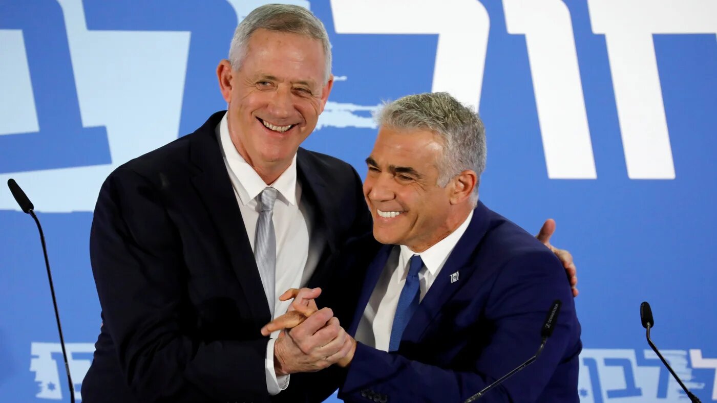 Benny Gantz, head of Resilience party and Yair Lapid, head of Yesh Atid, hold a news conference to announce the formation of their joint party (Reuters)