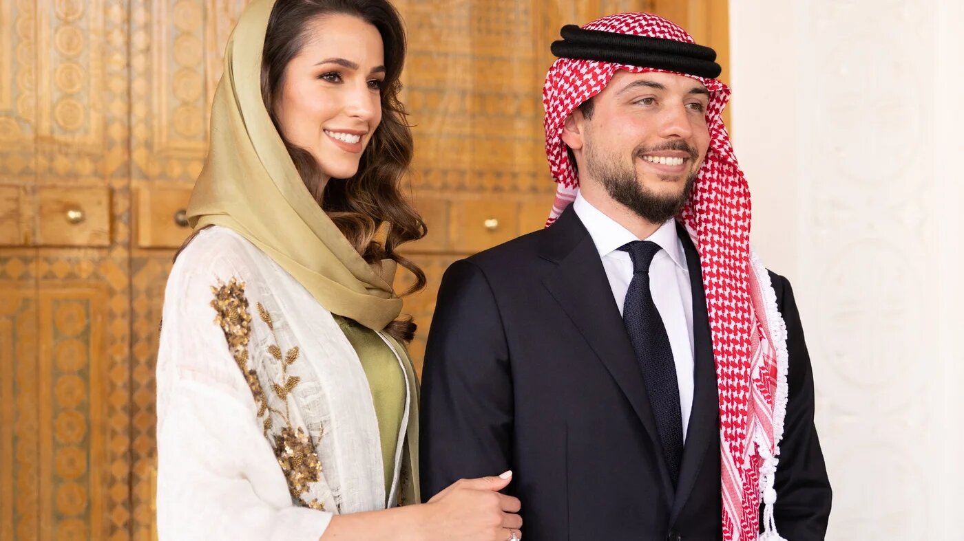 Jordan’s Crown Prince Hussein (or Al Hussein) bin Abdullah II engaged to Rajwa Al Saif in Riyadh, Saudi Arabia, on 17 August 2022 (Balkis Press via Reuters)