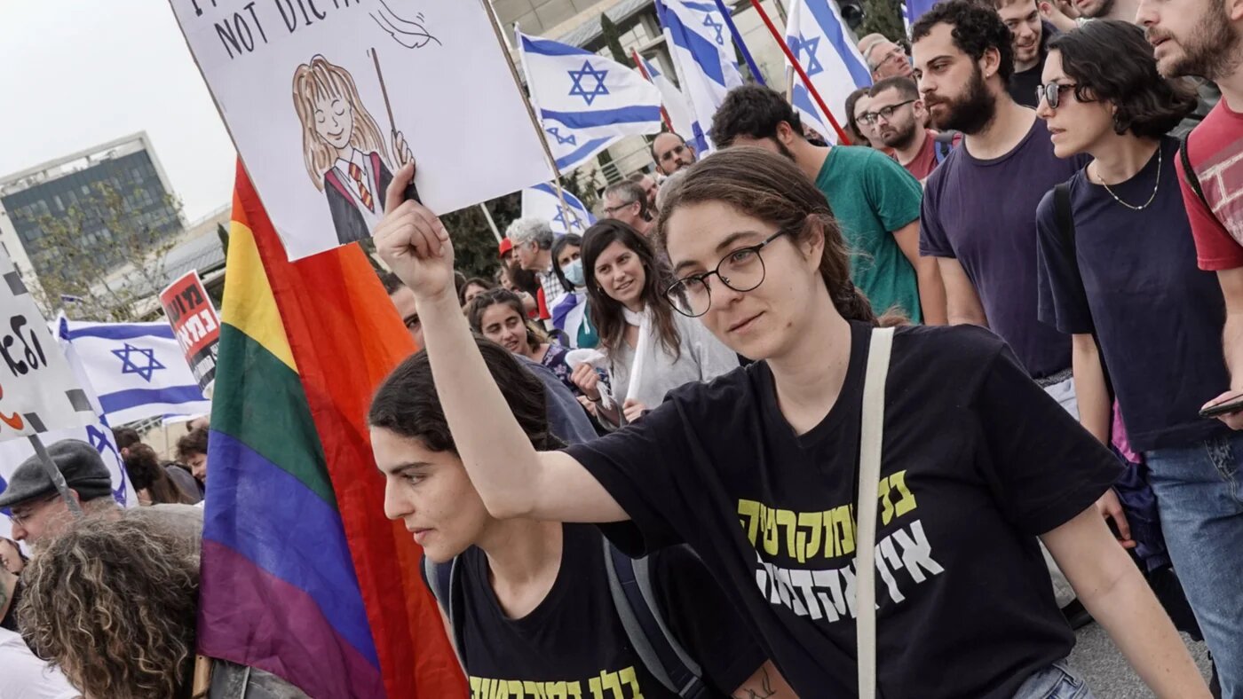Students march from the Hebrew University of Jerusalem during a nationwide anti-government protest on 23 March 2023 (Nir Alon/ZUMA Press Wire via Reuters)