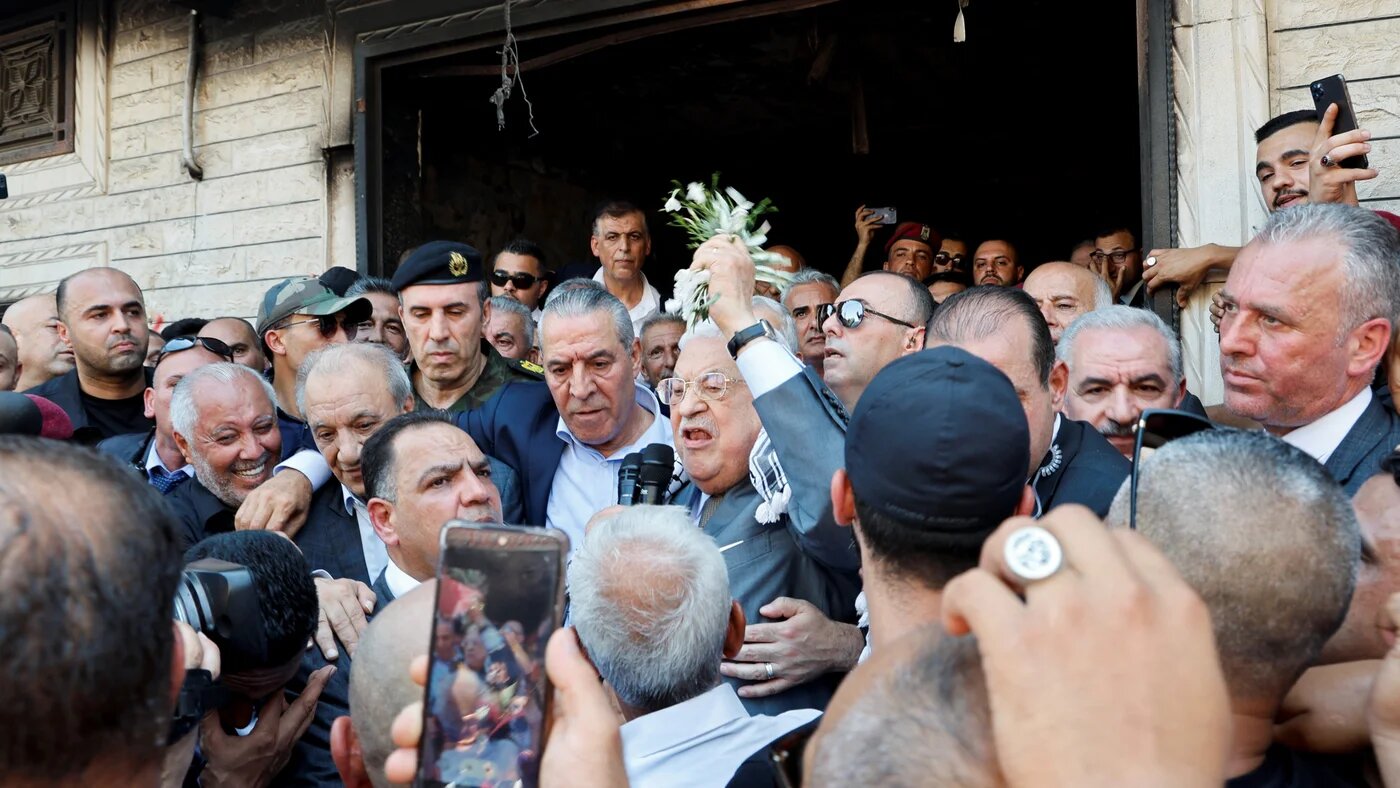 Palestinian President Mahmoud Abbas speaks as he visits Jenin following a recent Israeli raid, in the occupied West Bank, 12 July 2023 (Reuters)